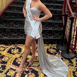 Sherri Hill Silver Metallic Mini Dress W/ Cape